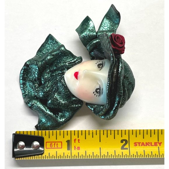 Vintage Art Deco Face Brooch Pin Woman Green Flapper 2.25" Tall - Picture 3 of 6